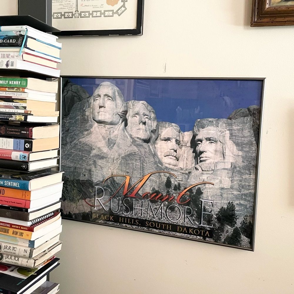 Mount Rushmore Framed Wall Art Blue & Gray with Silver Metal Framenl 19.5”x26””